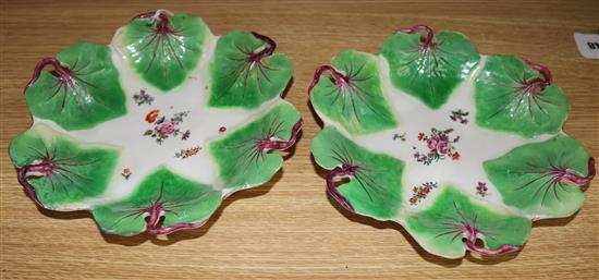 A pair of Chelsea gold anchor period leaf dishes, restored, circa 1765